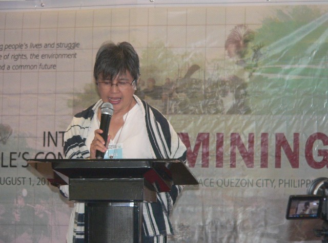 Dr. Carol Araullo of Bayan gives a keynote address at the IPCM. (Photo by D.Ayroso/Bulatlat.com)