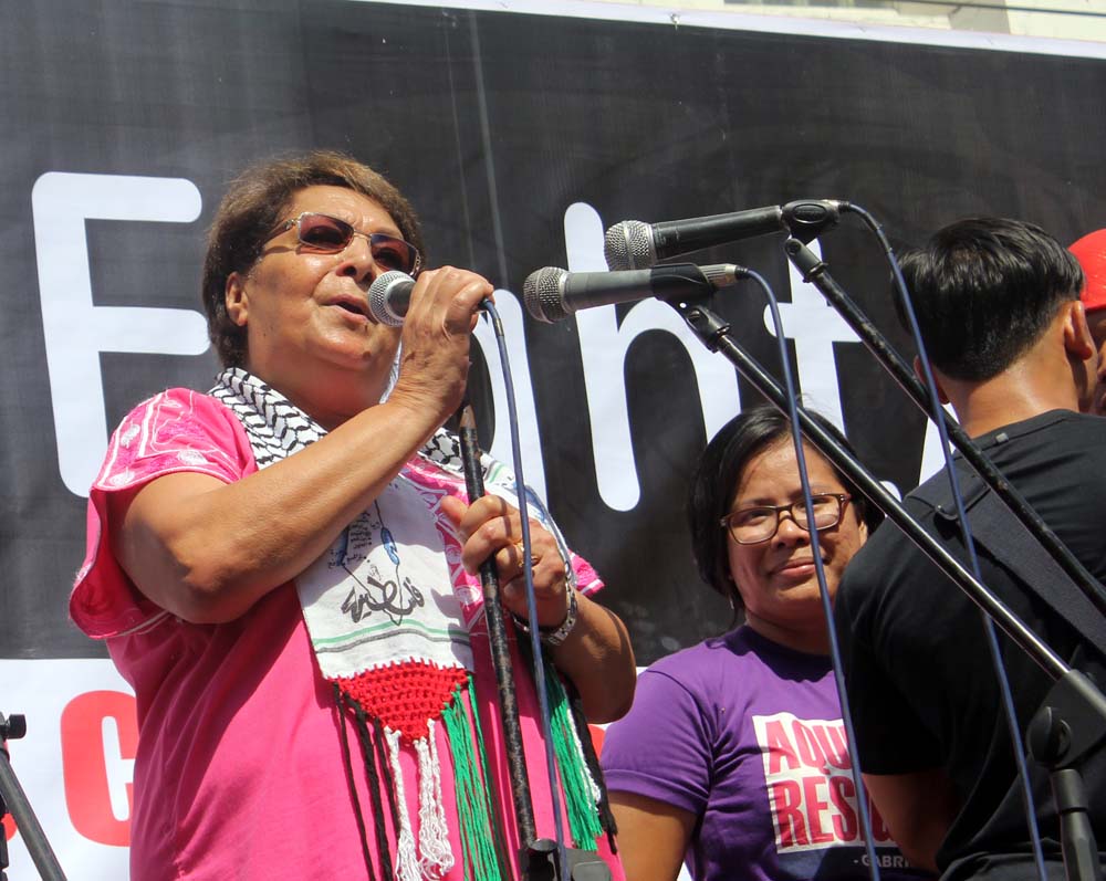 Leila Khaled, of the Popular Front for the Liberation of Palestine (PFLP) delivers her solidarity message. (Photo by A. Umil/ Bulatlat.com) 