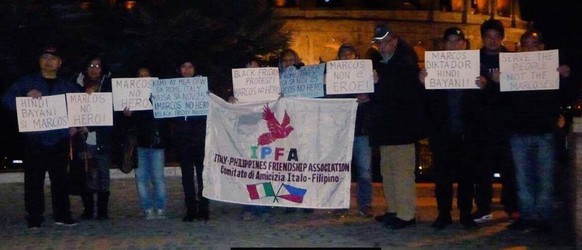 Filipinos brave the cold weather in Rome, Italy to protest the burial of Ferdinand Marcos at the Libingan ng mga Bayani.