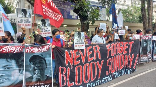 Activists hold a protest January 18 condemning the decision of the Department of Justice dismissing the charges against 17 policemen allegedly involved in the murder of Manny Asuncion. (Photo by Southern Tagalog Exposure)