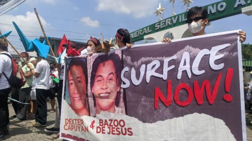 Activists hold a protest in front of Camp Servillano Aquino June 7 to demand the military to surface Dexter Capuyan and Gene Roz Jamil "Bazoo" dela Cruz.